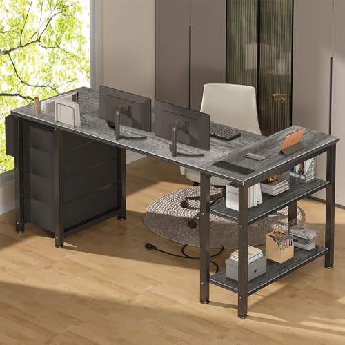 Lufeiya L Shaped Gaming Desk with Drawers & Power Outlet, Black A39519