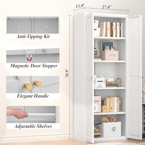 GREATMEET 65" Tall Kitchen Pantry Cabinet, White Metal Farmhouse Cupboard with Adjustable Shelves D202