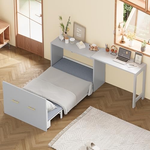 Twin Murphy Bed with Mattresses and Adjustable Desk, White L560588