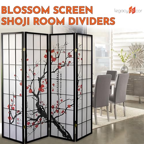 Legacy Decor 4-Panel Blossom Screen Portable Foldable Shoji Room Divider Black K541964