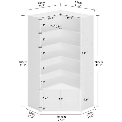 IRONCK 81" Corner Bookshelf with Door, 6 Tiers, White S430530