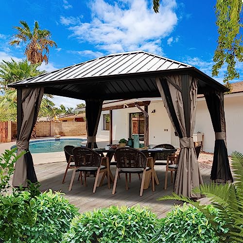 Kozyard 10'x12' Hardtop Gazebo with 2-Layer Sidewalls Curtains, Brown V967