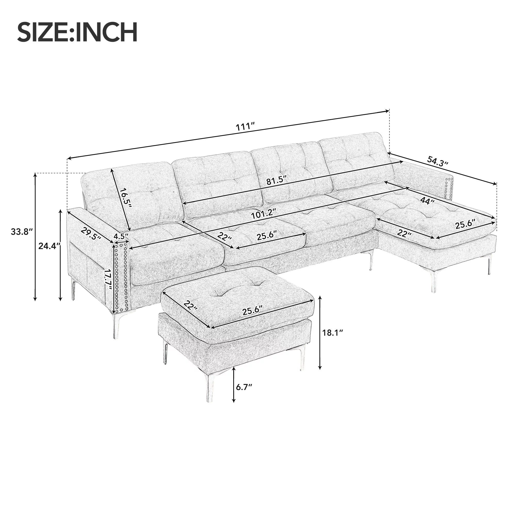 Soges U-Shaped Sectional Sofa with Ottoman, Gray, 110"x54" O53345