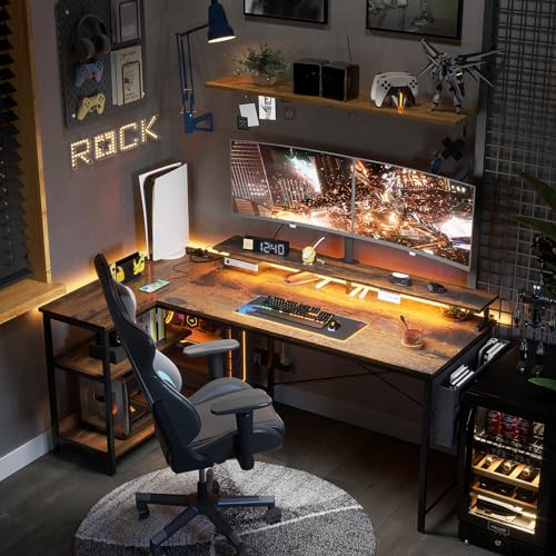 ODK 48 Inch L Shaped Gaming Desk with USB Charging Ports and LED Lights S136