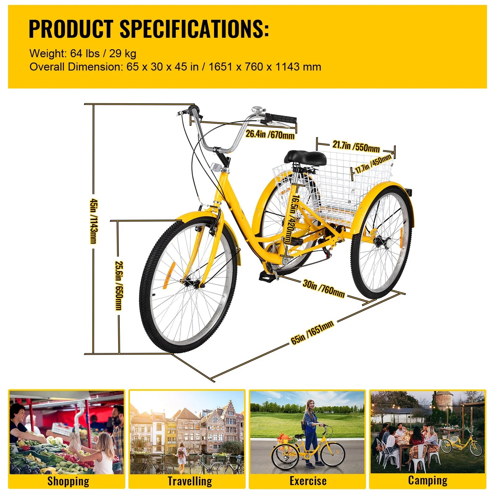 SKYSHALO Adult Tricycle 26in 7-Speed 3-Wheel Cruise Bike with Basket C45508