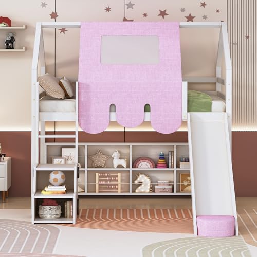 Harper & Bright Designs Kids Twin Low Loft Bed with Slide, Storage Shelves & Stairs, White/Pink C414827