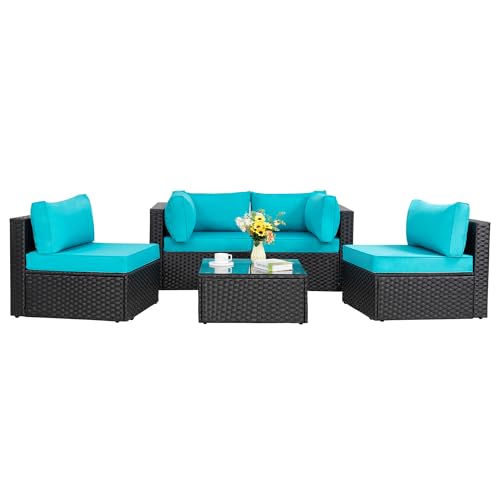 Shintenchi 5-Piece Outdoor Patio Sectional Sofa with Cushions and Glass Coffee Table, Aegean Blue U127322