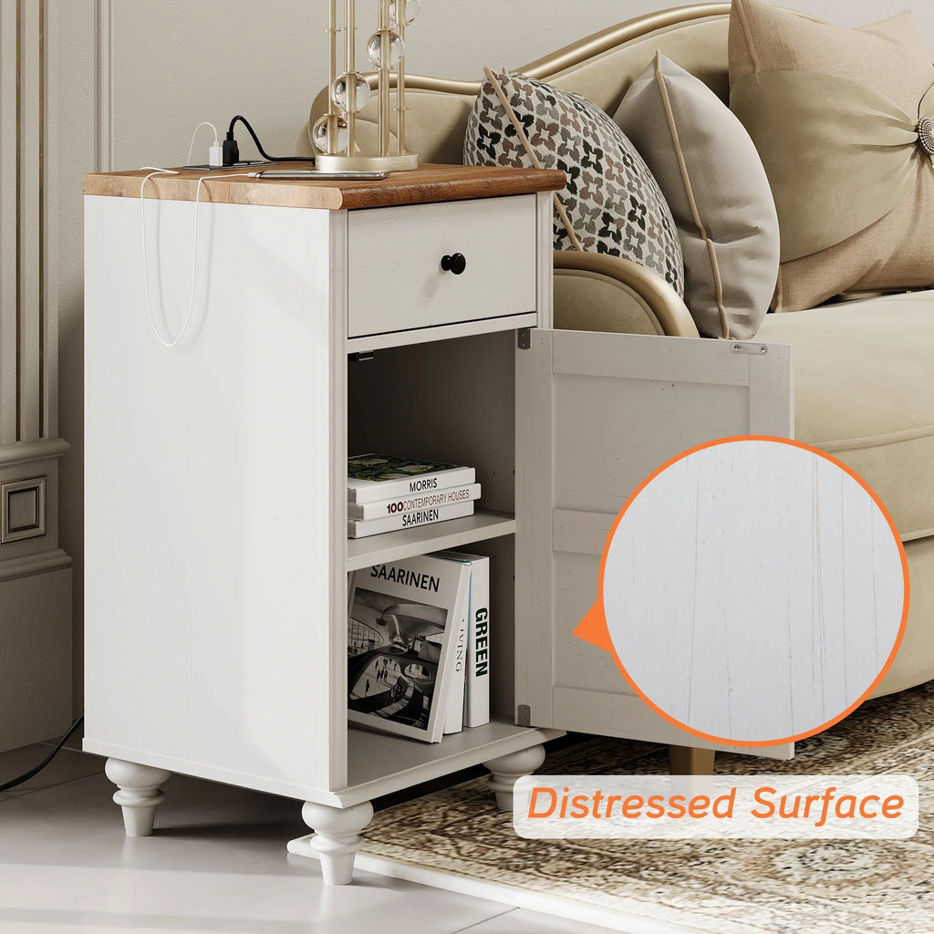 Set of 2 Nightstand with Charging Station, Bedside Table with Outlets, Wood End Table with Drawer, Off-White N19415