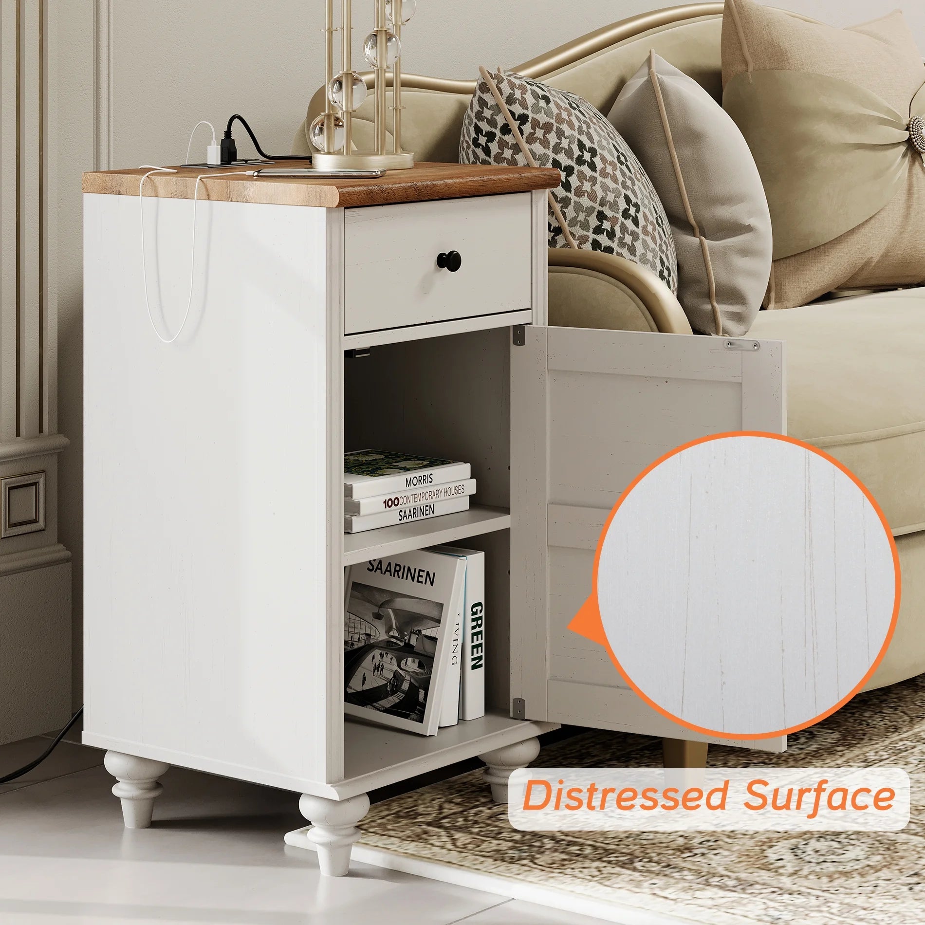 Set of 2 Nightstand with Charging Station, Bedside Table with Outlets, Wood End Table with Drawer, Off-White N19415