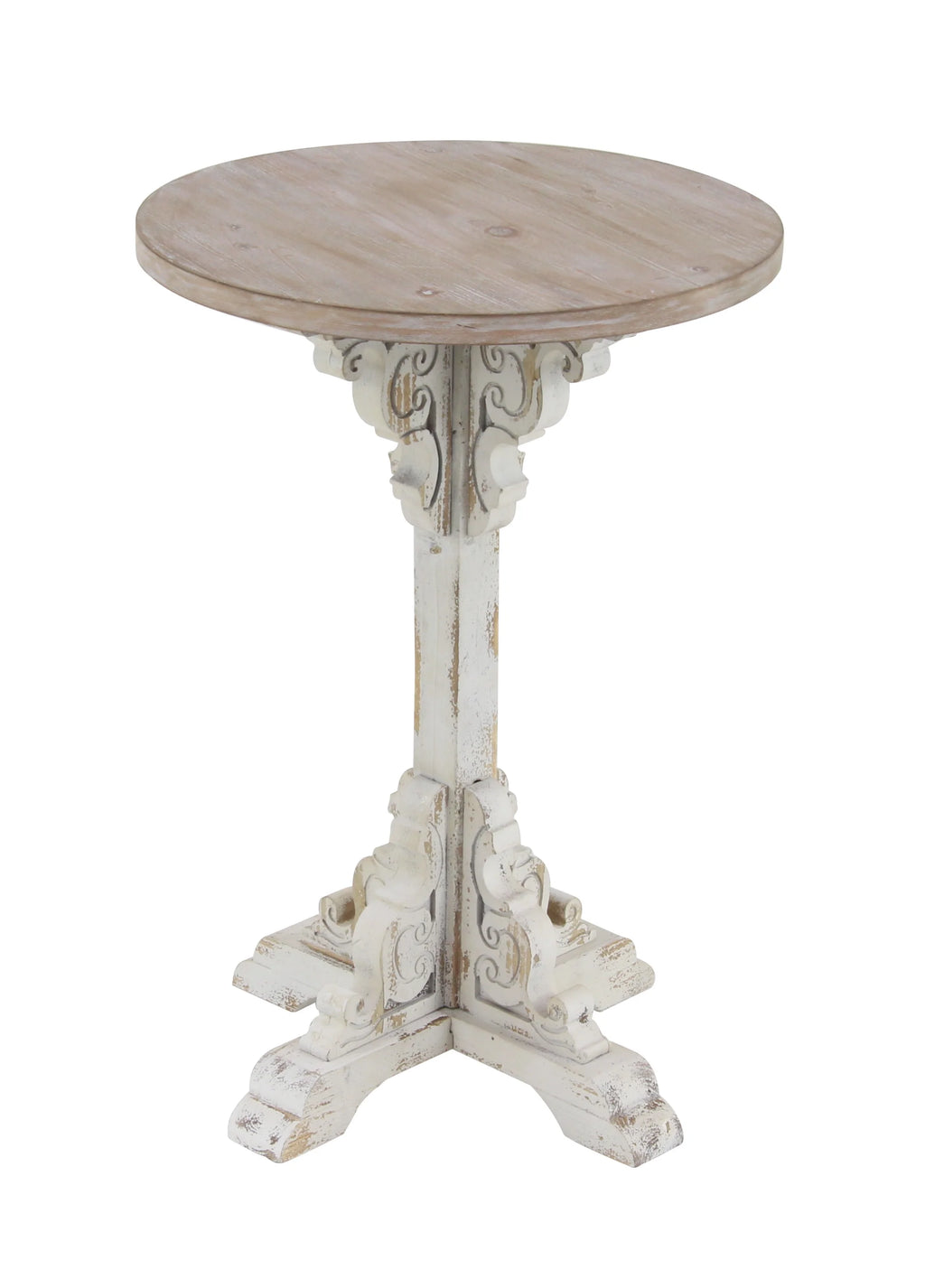 DecMode 16" x 23" White Wood Intricately Carved Scroll Accent Table with Brown Wood Top, 1-Piece