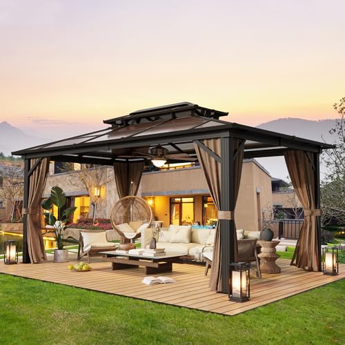 YOLENY 10'x13' Hardtop Gazebo with Aluminum Frame and Curtains F853