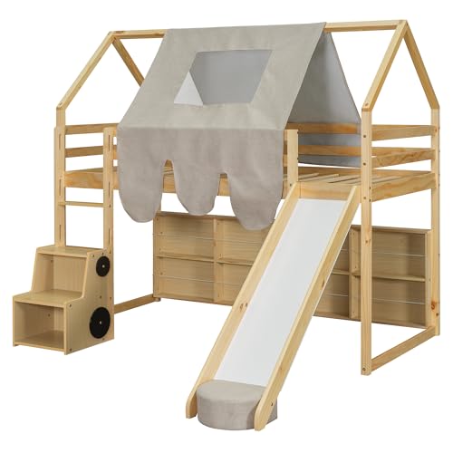 Harper & Bright Designs Kids Twin Low Loft Bed with Slide, Storage Shelves & Stairs, White/Pink C414827