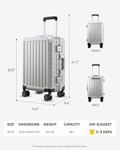 LUGGEX Aluminum Frame Carry On Luggage, 20 Inch Hard Shell Suitcase, Charcoal Metallic V31867