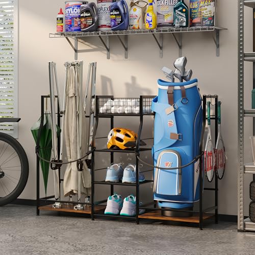 Golf Bag Storage Organizer Rack for 2 Bags, Freestanding Golf Club Holder for Garage Y100182