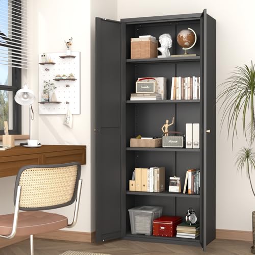 GREATMEET 65" Tall Kitchen Pantry Cabinet, White Metal Farmhouse Cupboard with Adjustable Shelves D202