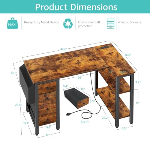 Lufeiya L Shaped Gaming Desk with Drawers & Power Outlet, Black A39519