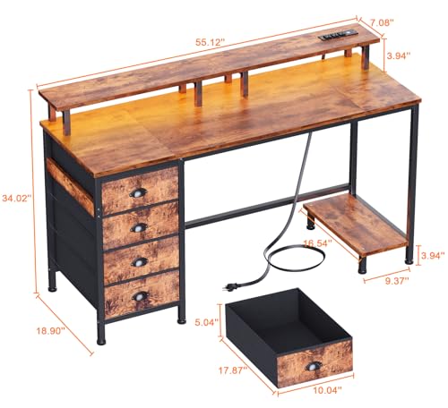 Furologee 47" Computer Gaming Desk with Monitor Stand, 4 Fabric Drawers & Power Outlets, Rustic Brown U645888