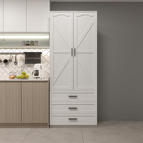 72" LED Kitchen Pantry Cabinet with 3 Drawers and Barn Doors U97073