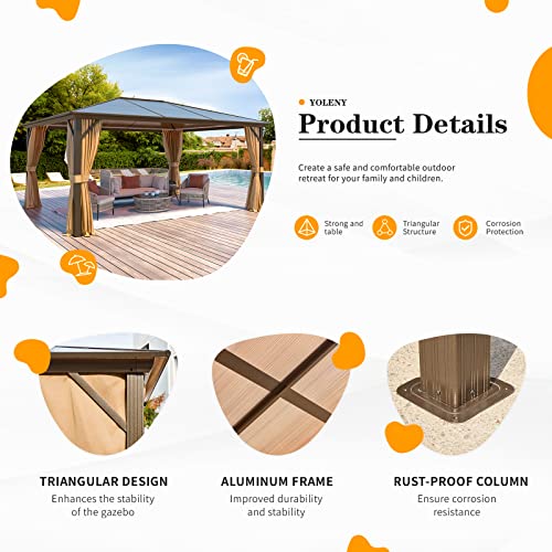 YOLENY 10'x13' Hardtop Gazebo with Aluminum Frame and Curtains F853