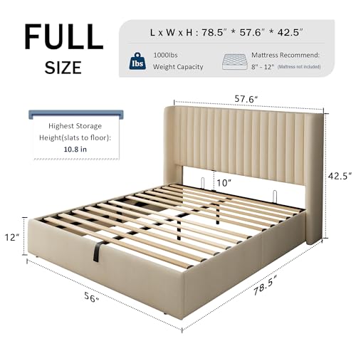 Full Size Lift Up Storage Bed with Wingback Headboard, White Y8002