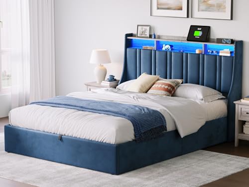 LINSY Lift Up Storage Queen Bed Frame with LED Lights and Charging Station, Dark Grey I29937