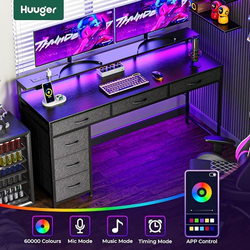 Huuger Gaming Desk with 6 Drawers, LED Lights, 47 Inch, Black N423283
