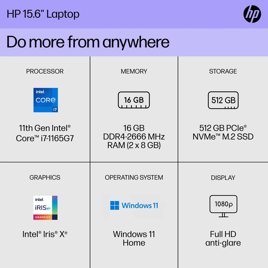 HP 15.6" FHD Laptop, Intel Core i7, 16GB RAM, 512GB SSD, Windows 11 U927