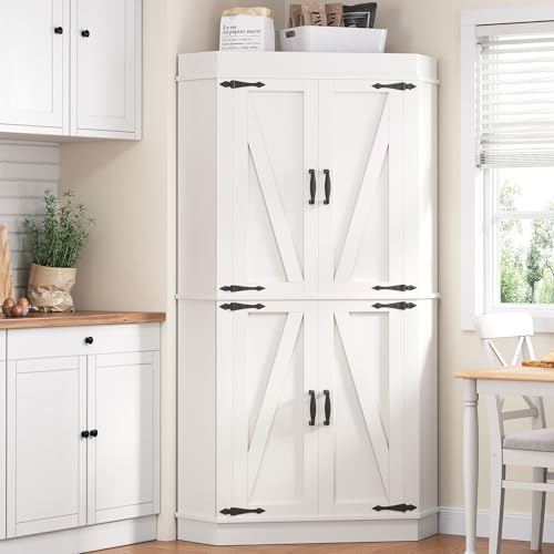 Corner Pantry Cabinet with 4 Doors and Shelves, White K361