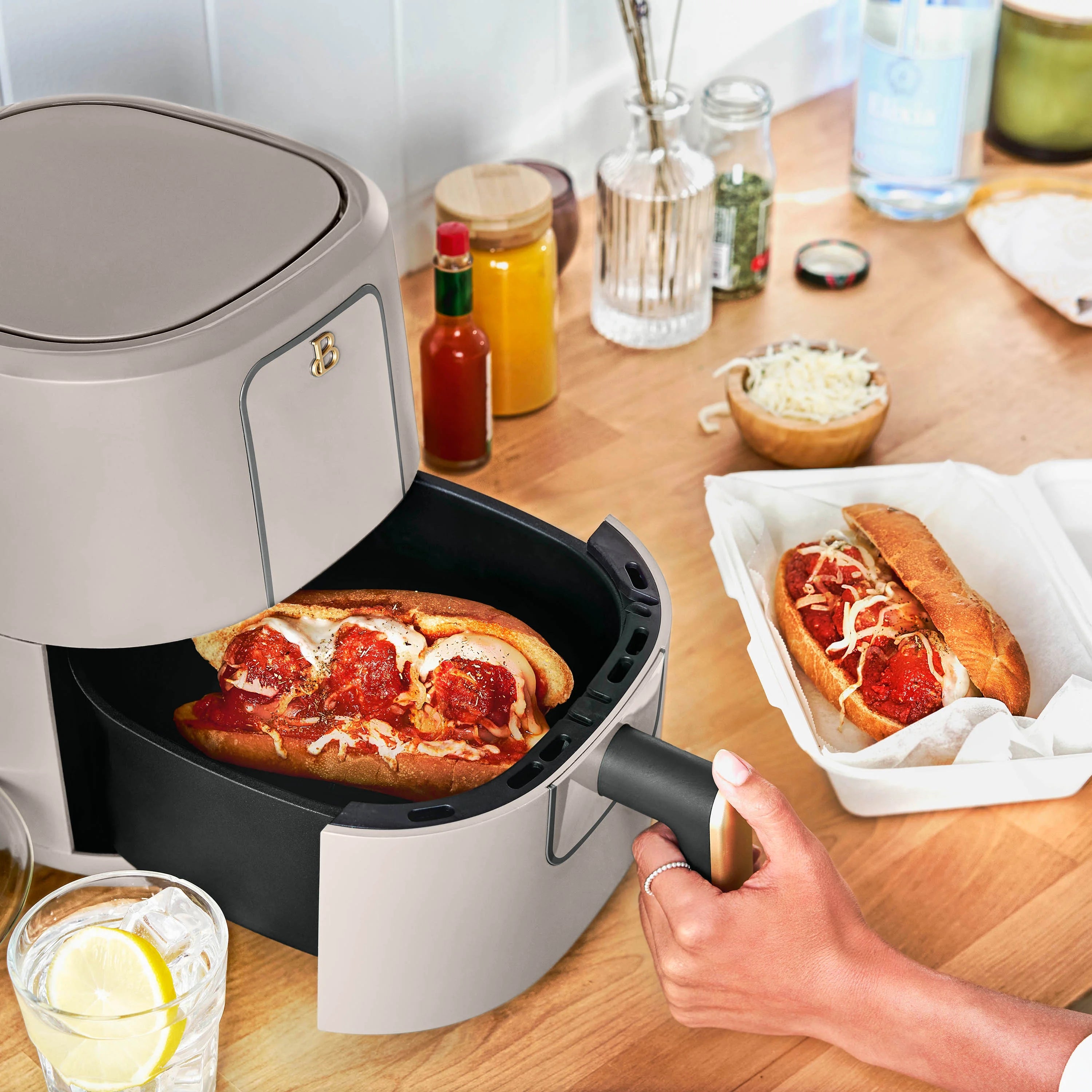 Beautiful 3 Qt Air Fryer with TurboCrisp Technology, Porcini Taupe by Drew Barrymore C9150