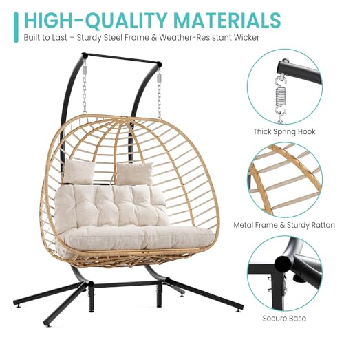 SWITTE Double Egg Swing Chair with Stand, Outdoor Patio Hanging Wicker Hammock with Cushion, Dark Grey X8839