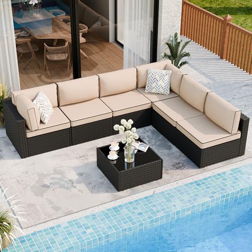 Shintenchi 5-Piece Outdoor Patio Sectional Sofa with Cushions and Glass Coffee Table, Aegean Blue U127322