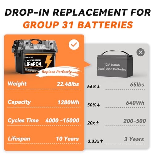 12V 100Ah LiFePO4 Battery Group 31 with Built-in 100A BMS G9732