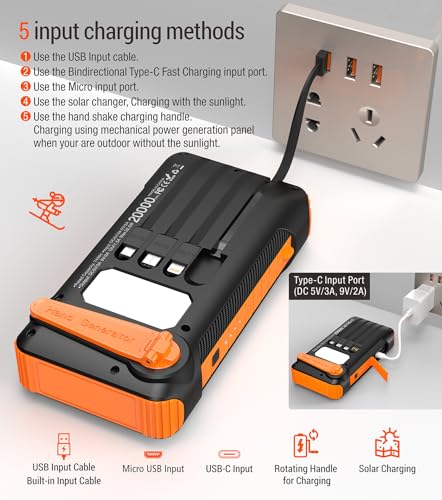 Solar Power Bank 20000mAh with Hand Crank and 4 Cables, Orange N83109