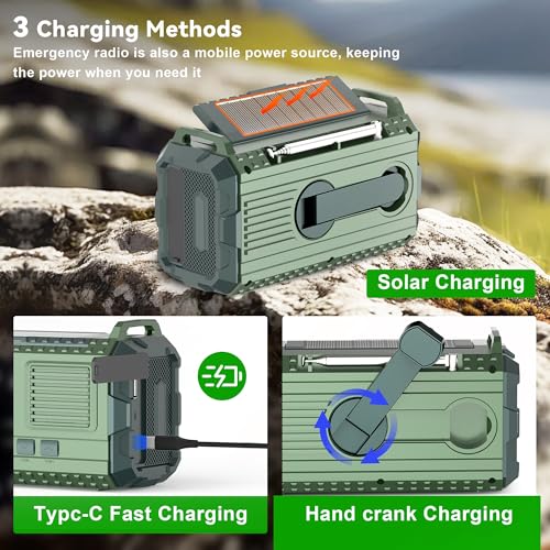 Emergency Weather Radio AM/FM NOAA Hand Crank Solar Power Bank Flashlight SOS Alarm Green Z3033