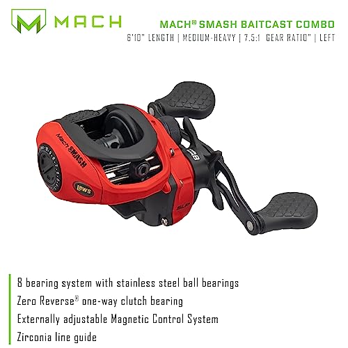 Lew's MACH Smash Baitcast Reel and Fishing Rod Combo, IM6 Graphite, Red P923