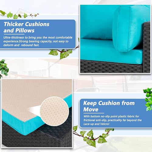 Shintenchi 5-Piece Outdoor Patio Sectional Sofa with Cushions and Glass Coffee Table, Aegean Blue U127322