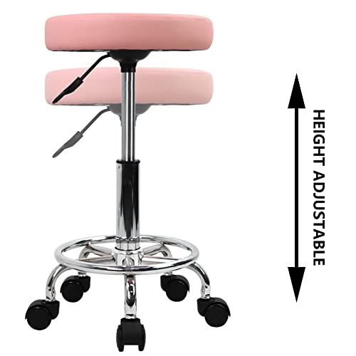 KKTONER PU Leather Round Rolling Stool with Foot Rest Swivel Height Adjustment (Pink) Q8561