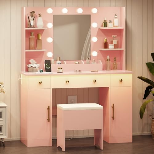 White Vanity Desk with Mirror and Lights, Charging Station and Stool Z6519