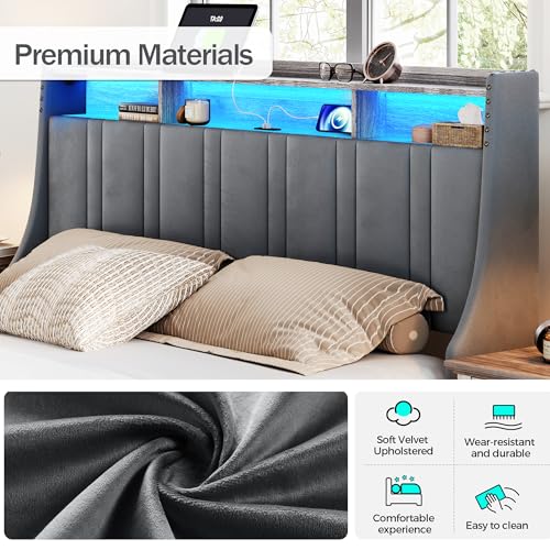 LINSY Lift Up Storage Queen Bed Frame with LED Lights and Charging Station, Dark Grey I29937