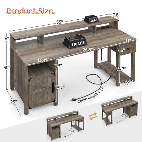 EnHomee Farmhouse Office Desk with Drawer & Power Outlets, Ash Gray K849