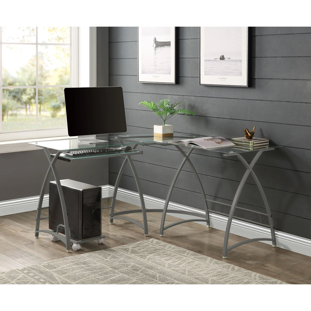 L-Shaped Corner Computer Desk with Clear Glass Pull-Out Keyboard Panel Y527
