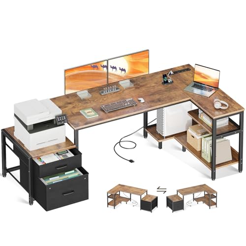 Casaottima 55 Inch L Shaped Desk with Drawers & File Cabinet, Rustic Brown B7734