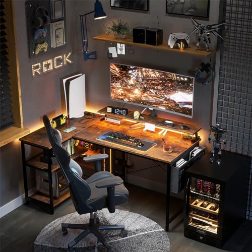ODK 48 Inch L Shaped Gaming Desk with USB Charging Ports and LED Lights S136