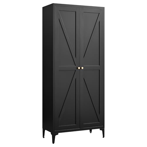 GREATMEET 65" Tall Kitchen Pantry Cabinet, White Metal Farmhouse Cupboard with Adjustable Shelves D202