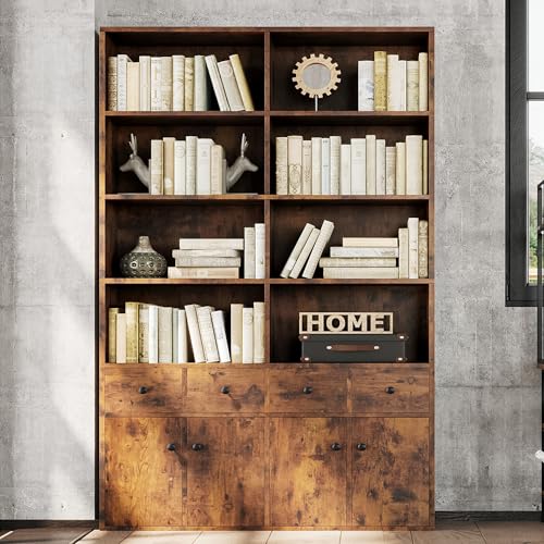 IRONCK 78.7" Bookcase with 4 Drawers and 4 Doors, 6 Tier, Vintage Black Z686086