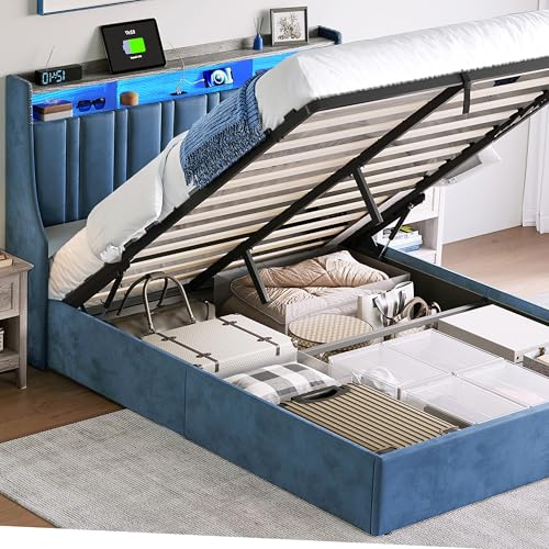 LINSY Lift Up Storage Queen Bed Frame with LED Lights and Charging Station, Dark Grey I29937