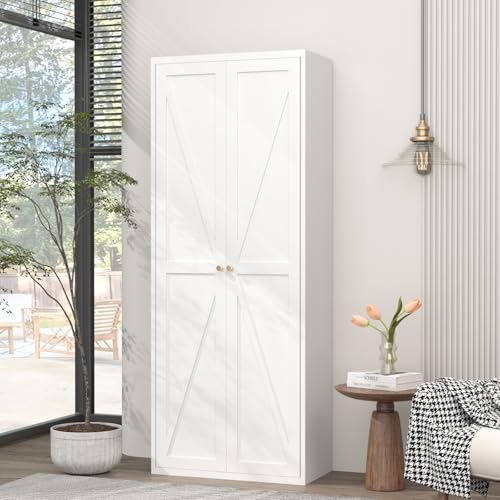 GREATMEET 65" Tall Kitchen Pantry Cabinet, White Metal Farmhouse Cupboard with Adjustable Shelves D202