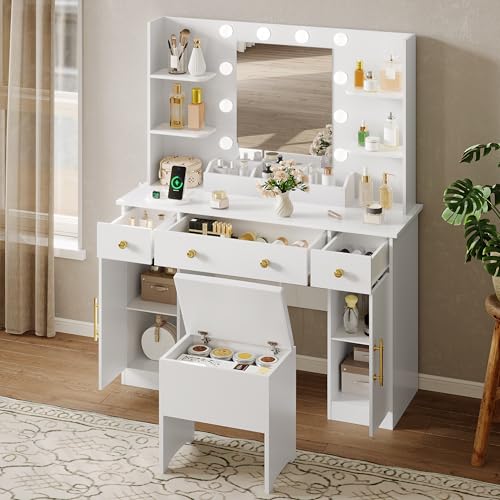 White Vanity Desk with Mirror and Lights, Charging Station and Stool Z6519