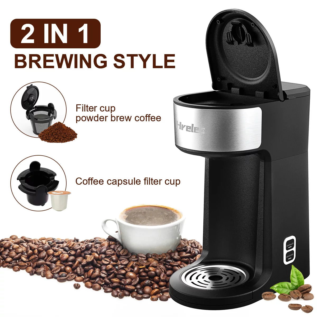 2-Way Single Serve Coffee Maker for Capsule & Ground Coffee, Mini with Self-Cleaning A141