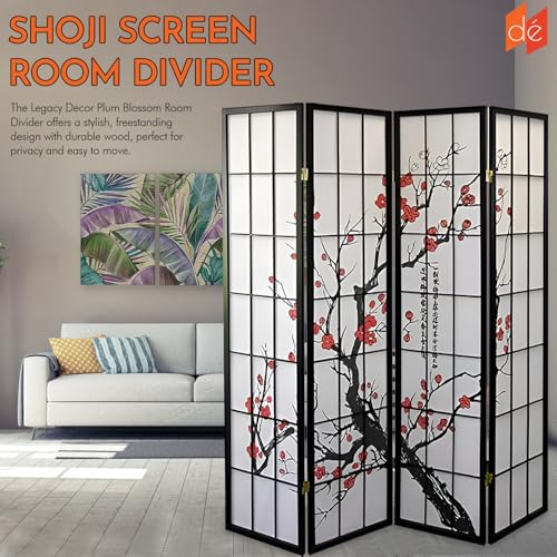 Legacy Decor 4-Panel Blossom Screen Portable Foldable Shoji Room Divider Black K541964